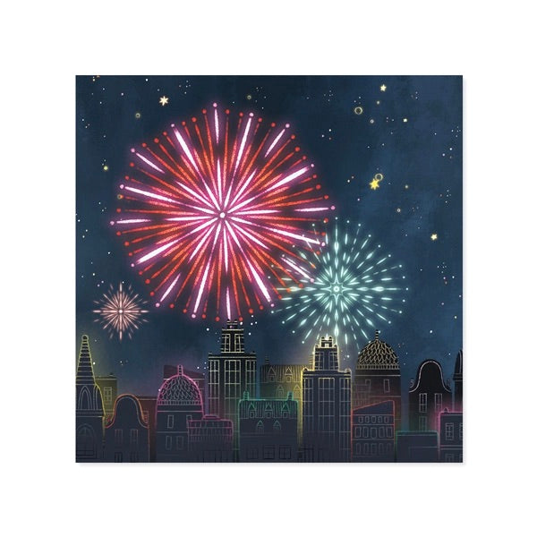 Fireworks over a cityscape with buildings against a dark blue sky.