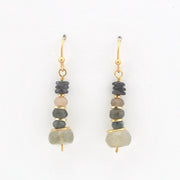 A pair of handmade dangle earrings featuring natural stone beads in shades of gray, beige, and pale green, suspended from gold-tone French hook wires on a plain white background.