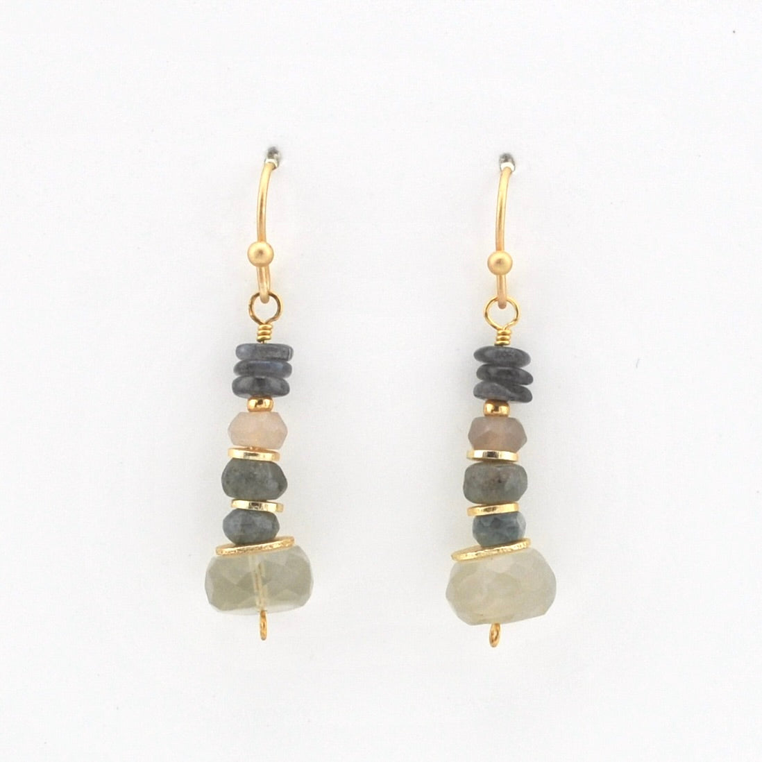 A pair of handmade dangle earrings featuring natural stone beads in shades of gray, beige, and pale green, suspended from gold-tone French hook wires on a plain white background.