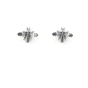 A pair of silver-toned insect stud earrings, shaped like small bees or bumblebees with textured wings and small black enamel details, shown on a plain white background.