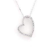 A silver heart-shaped pendant necklace paved with small clear stones, suspended from a delicate silver chain against a plain white background.