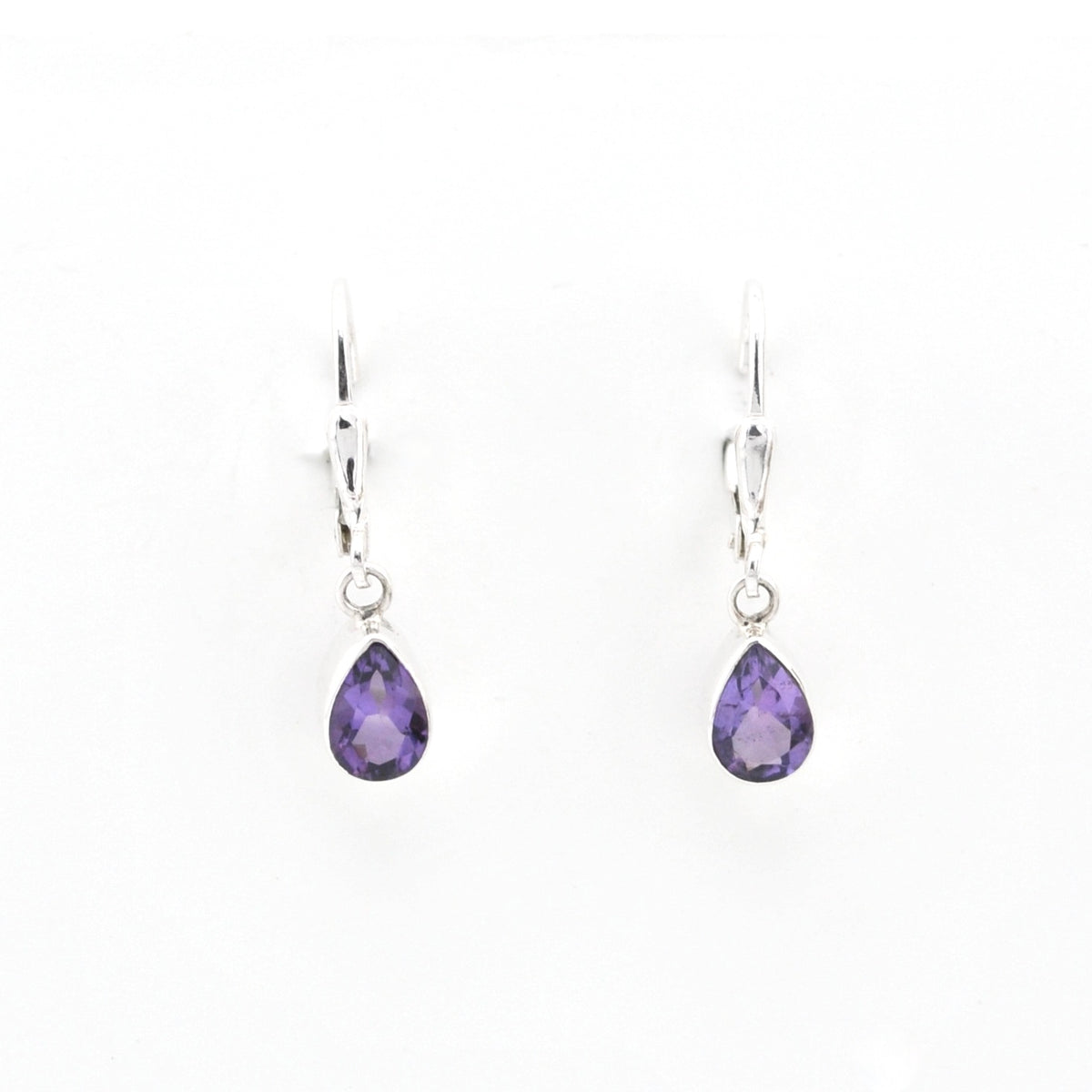 Pair of purple teardrop earrings on a white background
