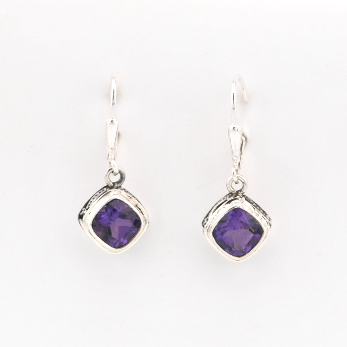 Front View Amethyst 7mm Offset Square Bali Dangle Earrings