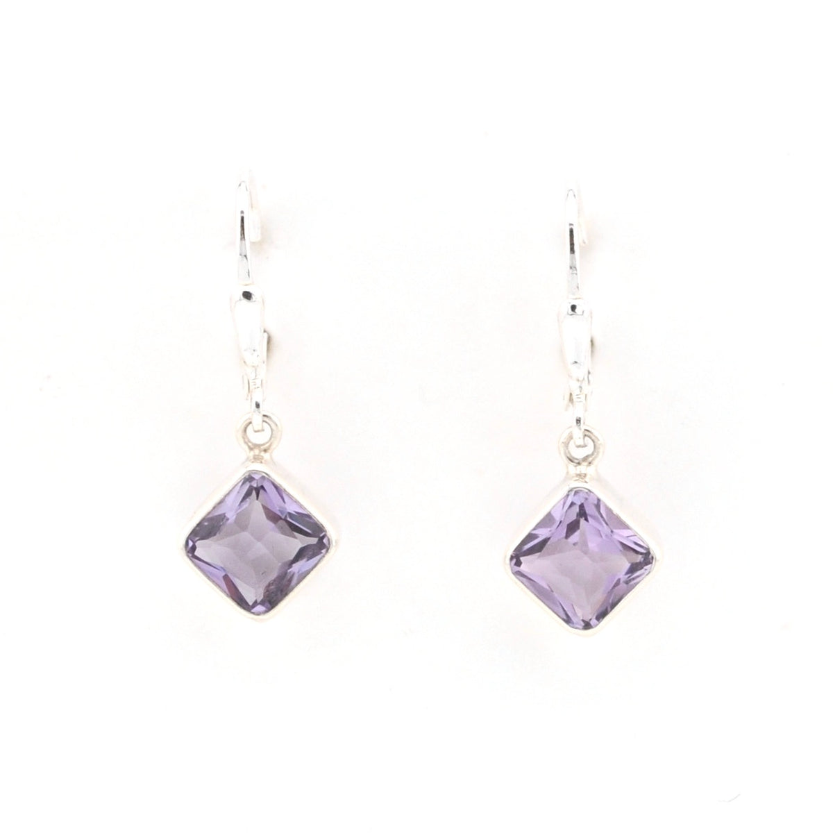 Front View Amethyst 7mm Offset Square Dangle Earrings Lilac