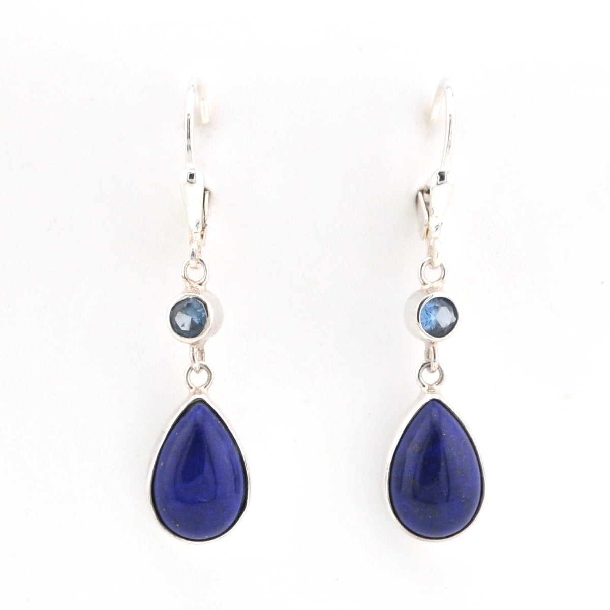Front View Blue Topaz Lapis Dangle Earrings