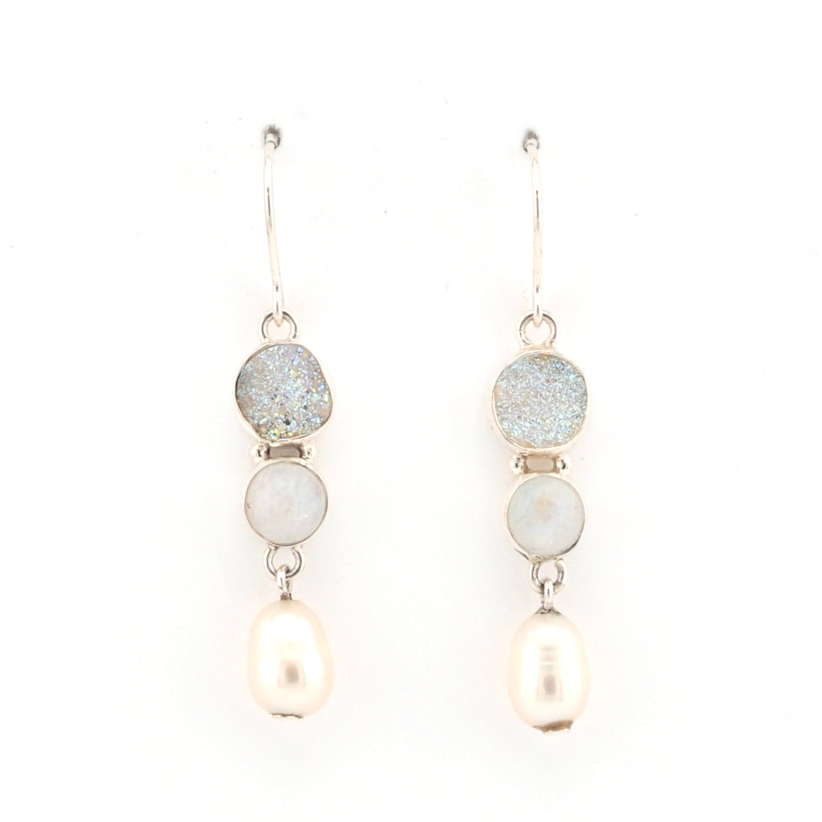 Front View Druzy Moonstone Pearl Dangle Earrings