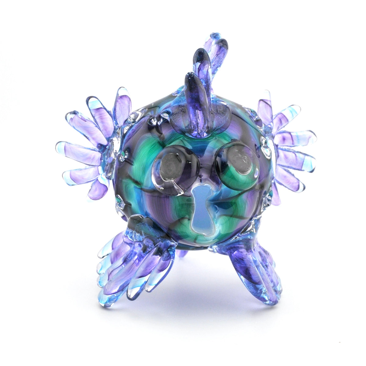Front View Mini Aqua Green and Purple Glass Puffer Fish