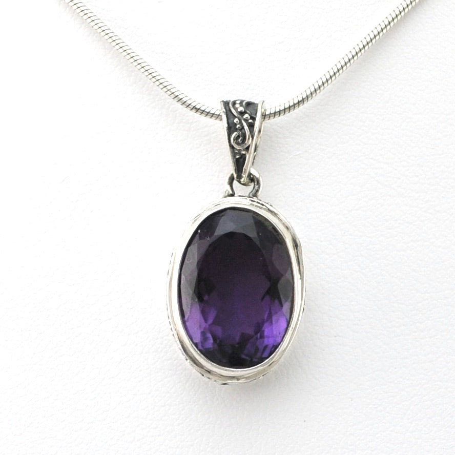 Front View Silver Amethyst 10x14mm Oval Bali Pendant