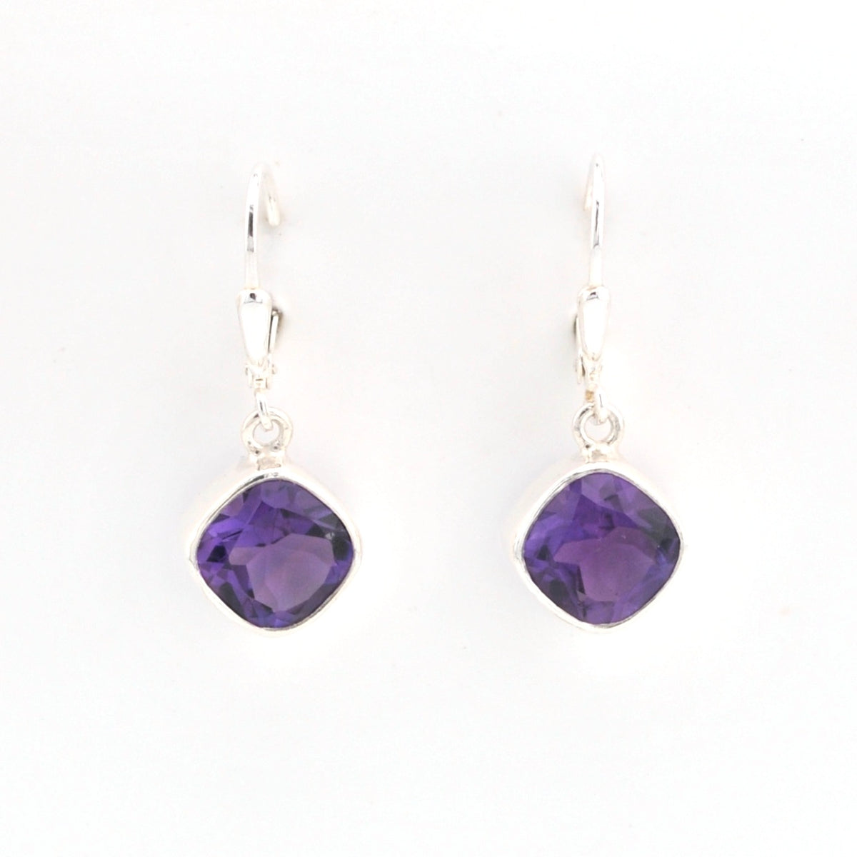 Front View Silver Amethyst 9mm Offset Square Dangle Earrings