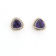 Pair of purple gemstone earrings with gold accents on a white background