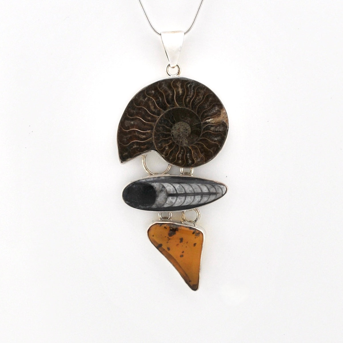 Front View Silver Ammonite Orthoceras Amber Pendant
