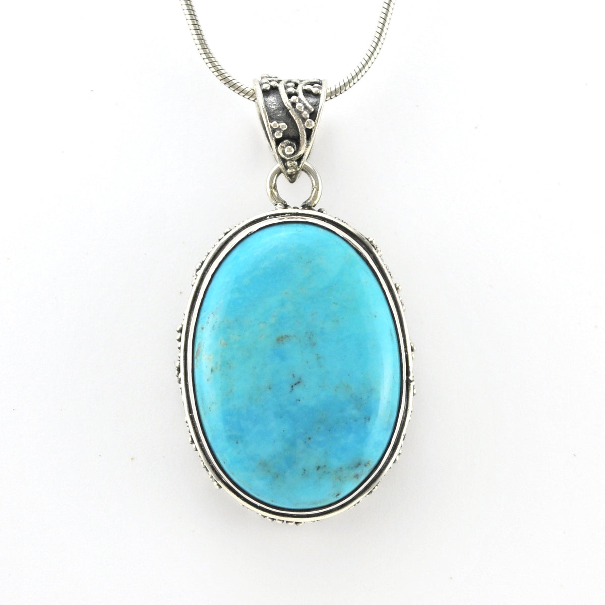 Front View Silver Arizona Turquoise 18x25mm Oval Bali Pendant