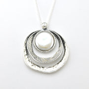 Front View Silver Coin Pearl Circle Hammered Necklace