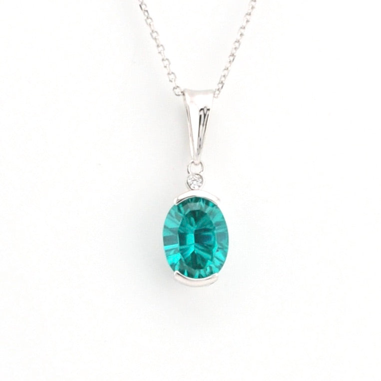 Front View Silver Created Paraiba Oval 3ct CZ Necklace