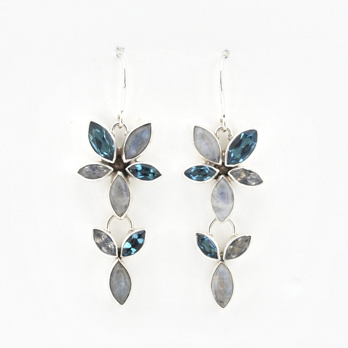 Silver Moonstone Blue Topaz Marquise Earrings on white background