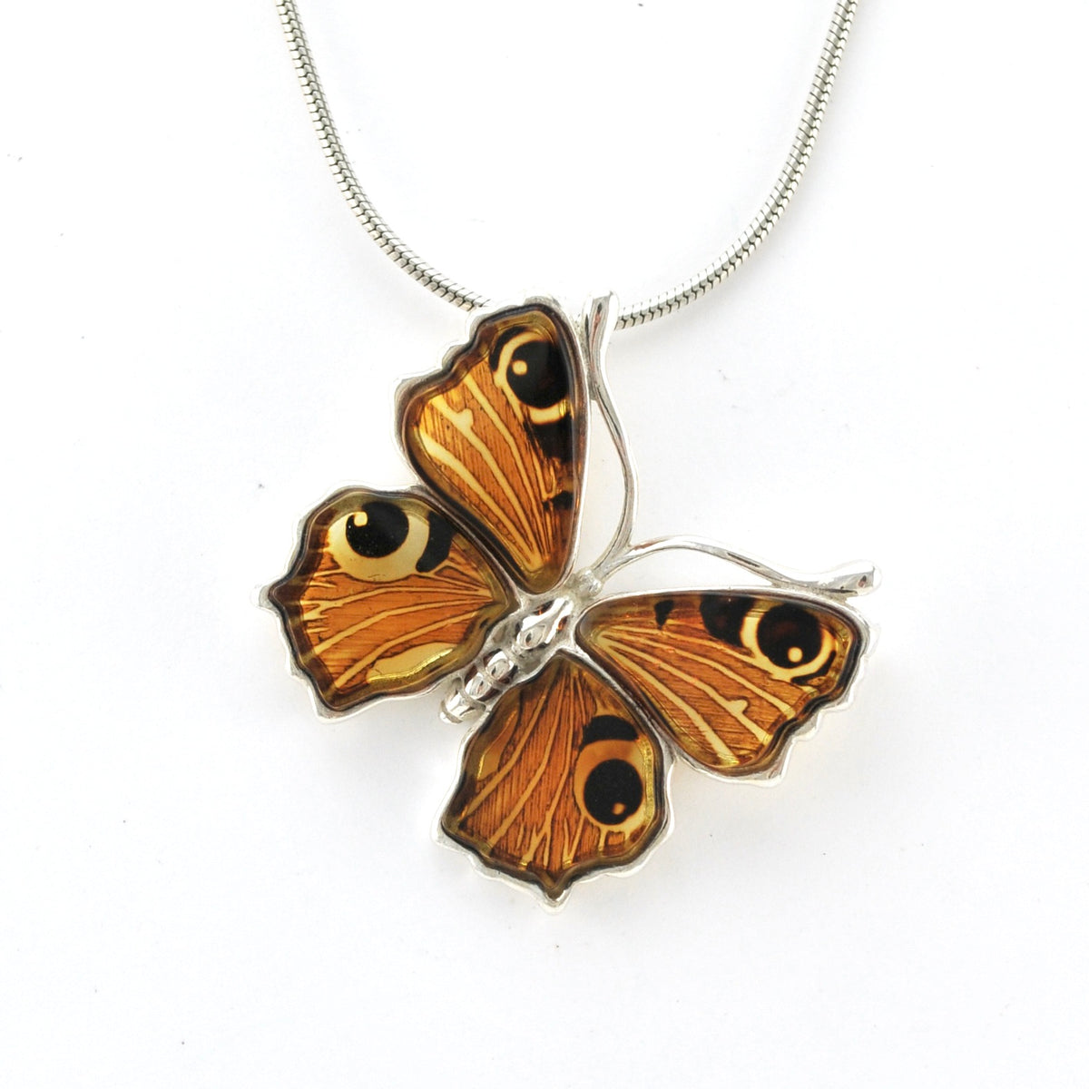 Front View Silver Peacock Amber Butterfly Pendant