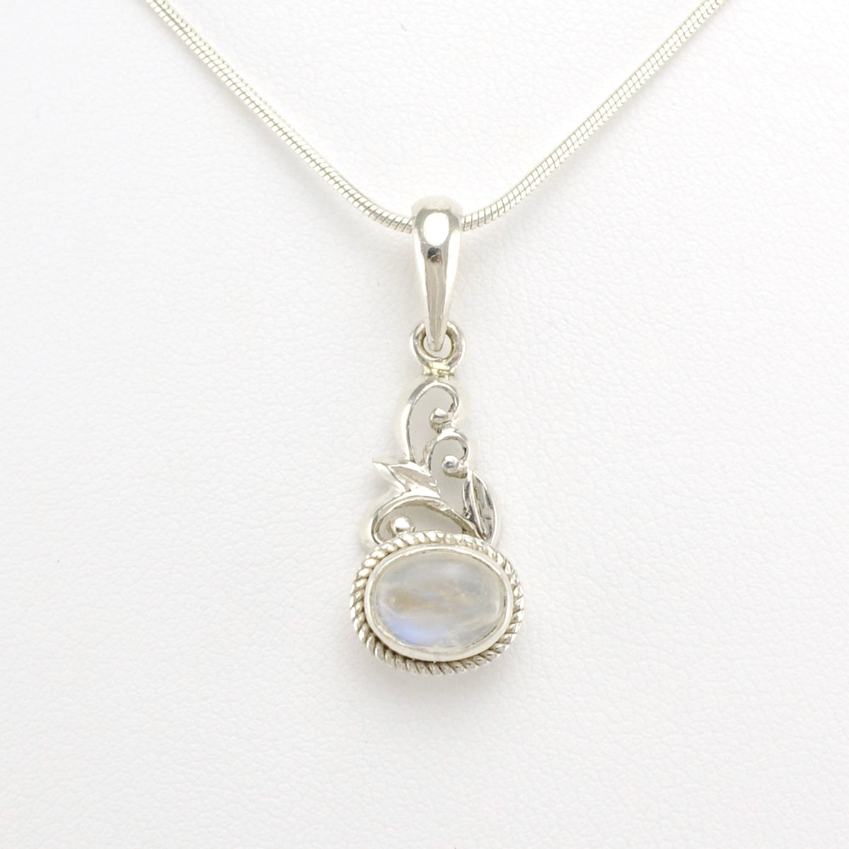 Front View Sterling Silver Oval Rainbow Moonstone Scroll Pendant