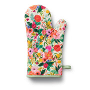 Floral oven mitt and pot holder set on a white background