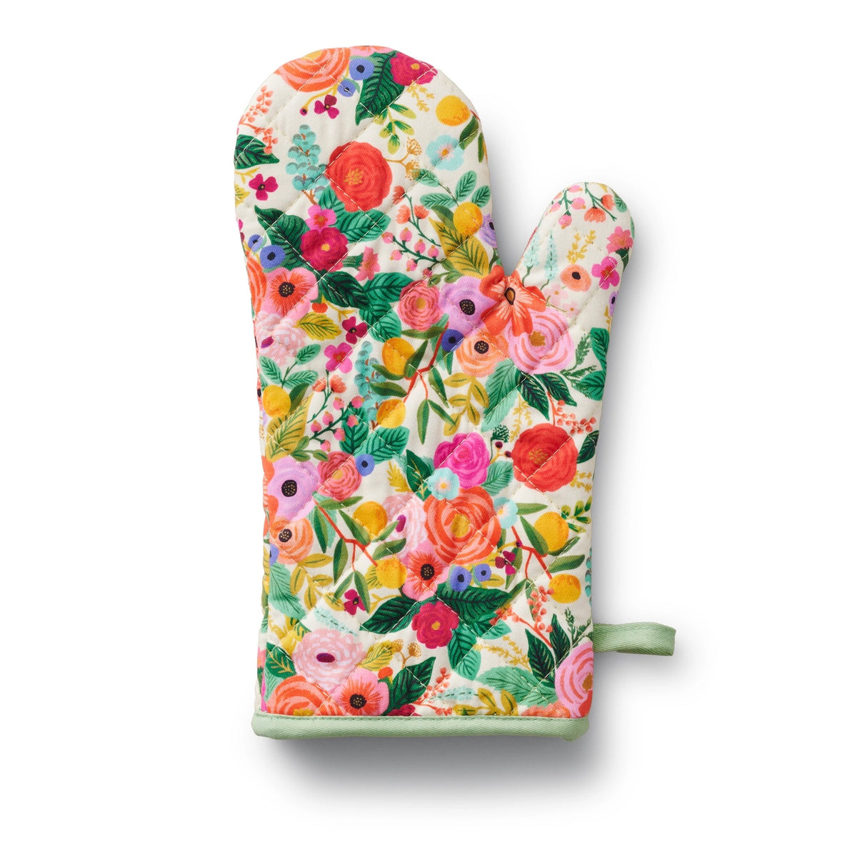 Floral oven mitt and pot holder set on a white background