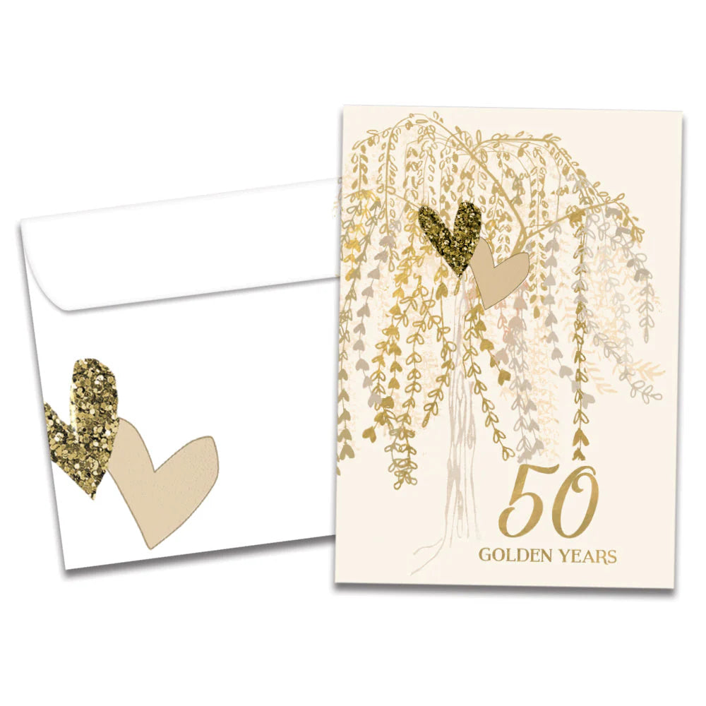 Card with gold heart and '50 Golden Years' text, matching envelope on a white background