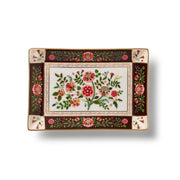 A rectangular ceramic serving platter with a white center featuring a colorful floral bouquet, surrounded by a dark brown border with red and pink flowers and green leaves, and finished with a thin gold trim.