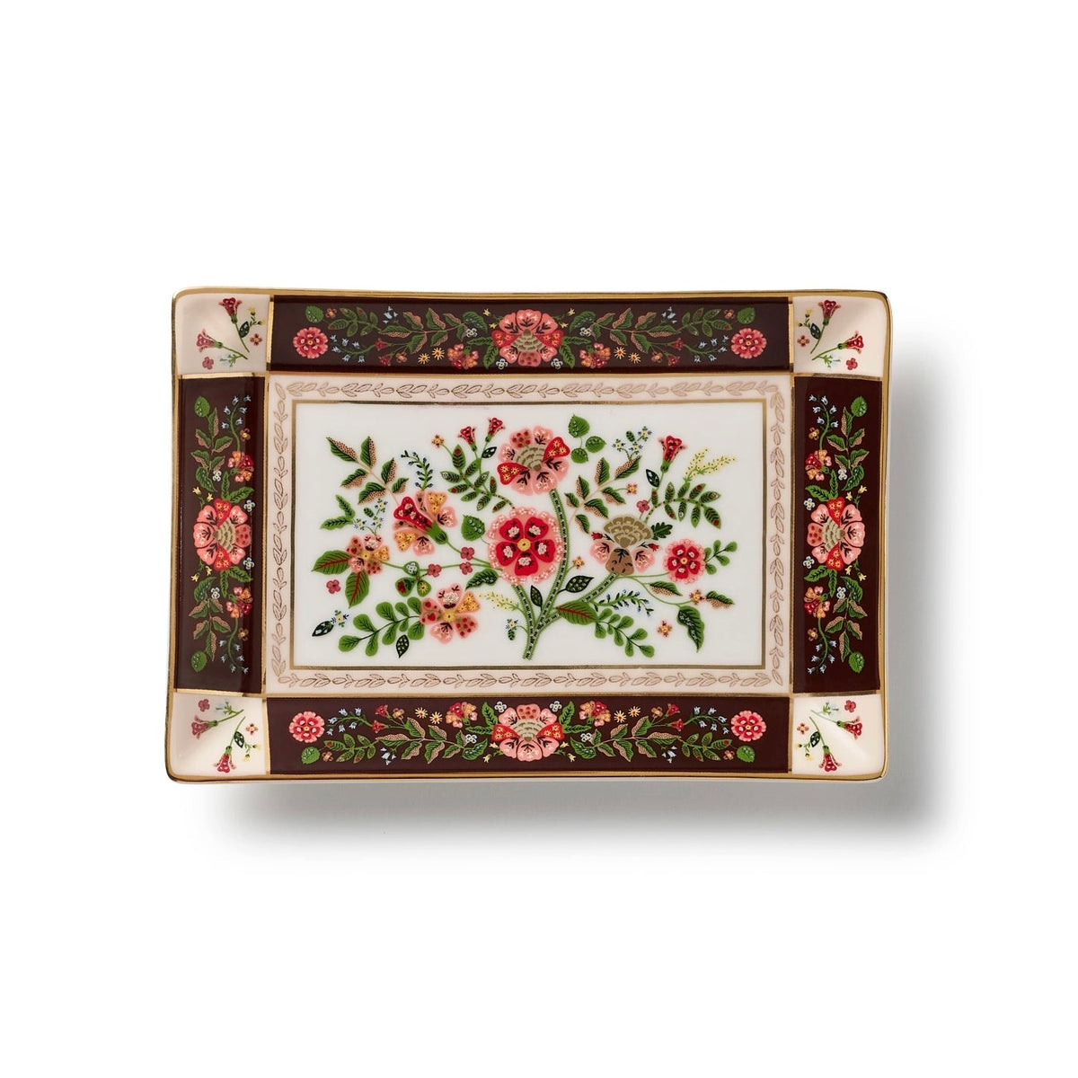 A rectangular ceramic serving platter with a white center featuring a colorful floral bouquet, surrounded by a dark brown border with red and pink flowers and green leaves, and finished with a thin gold trim.