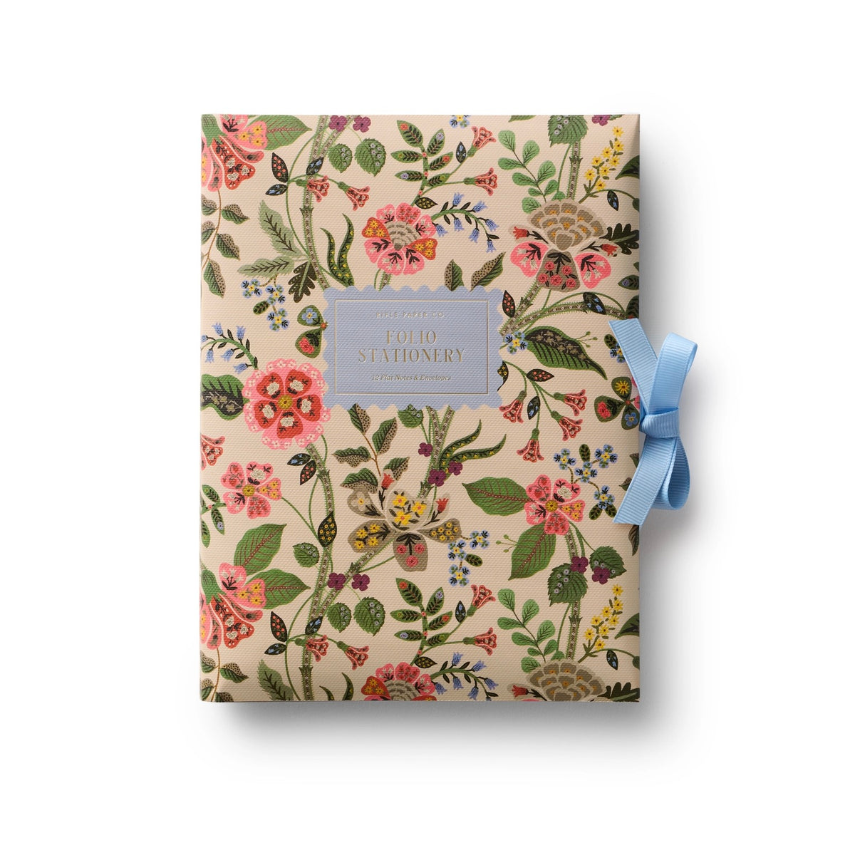 Floral-patterned notebook with a blue ribbon on a white background
