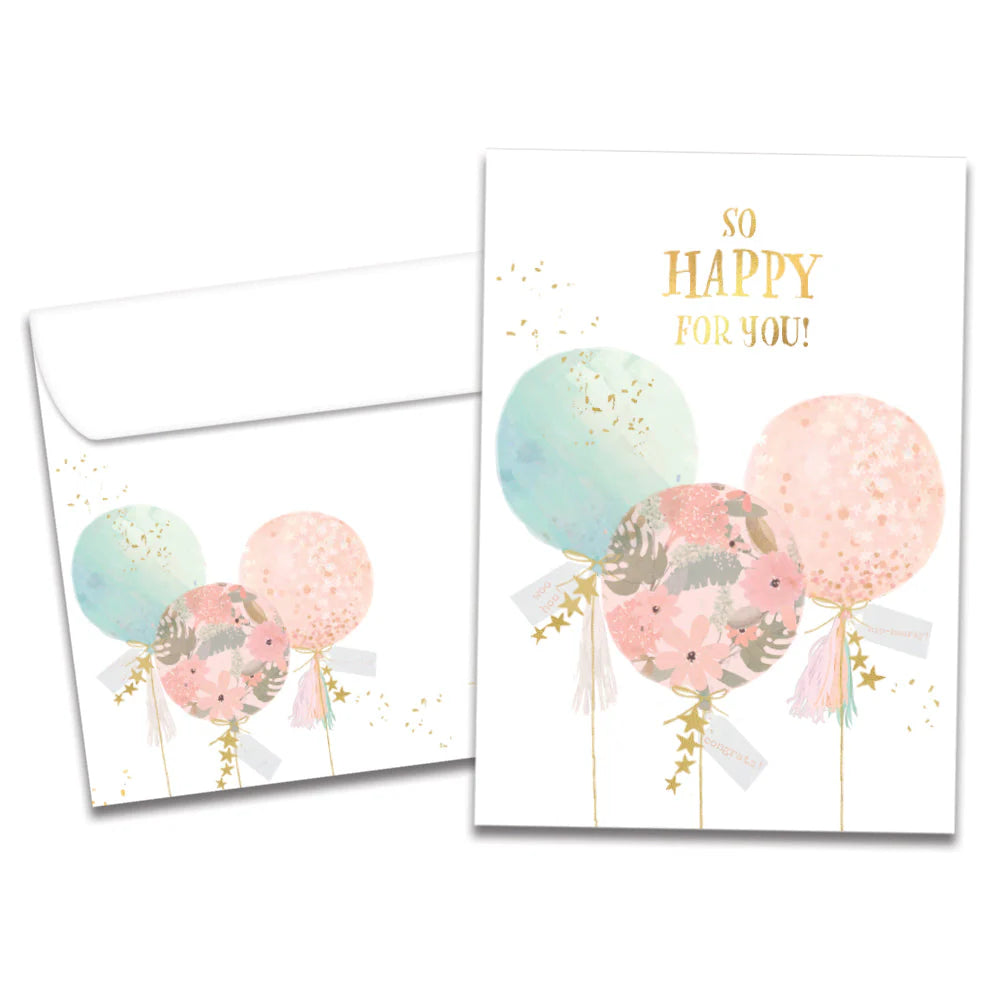 Greeting card with balloons and envelope on a white background
