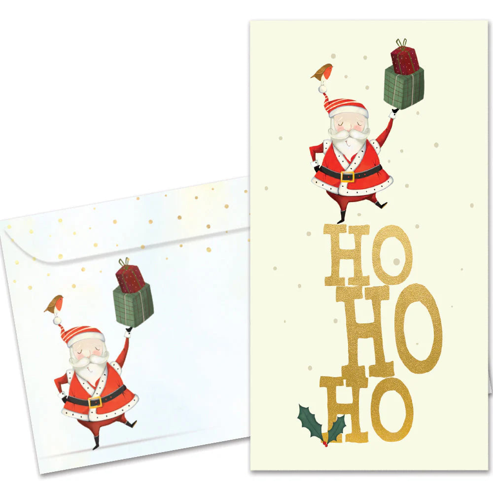 Christmas card with Santa Claus and 'HO HO HO' text on a white background