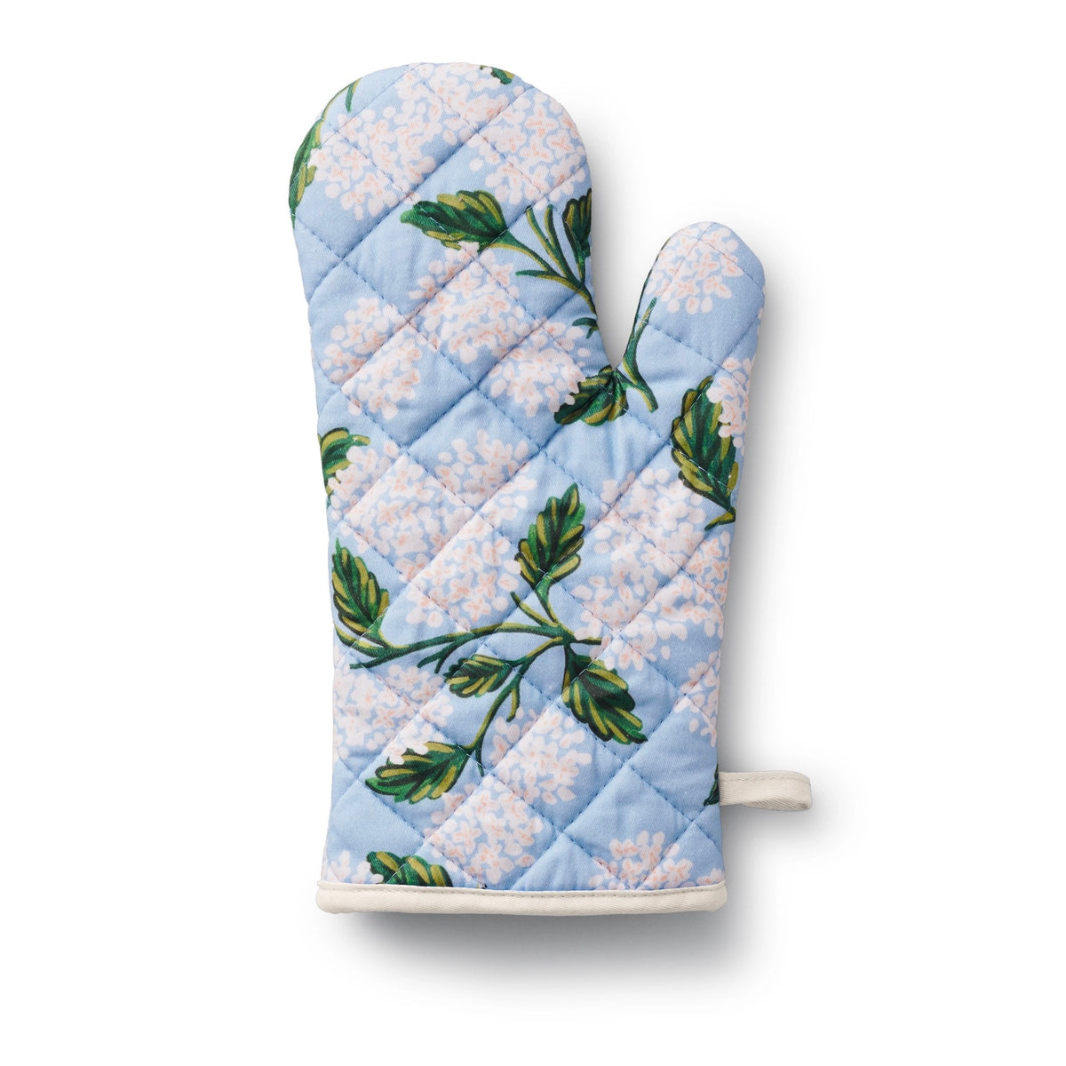 Quilted oven mitt and pot holder with floral design on a white background