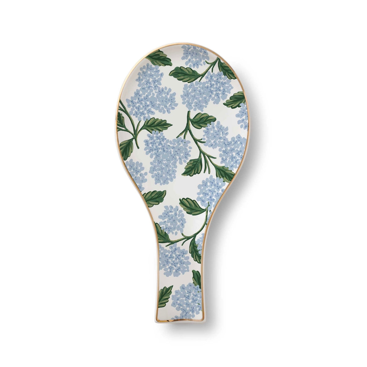 Decorative spoon rest with blue floral pattern on a white background