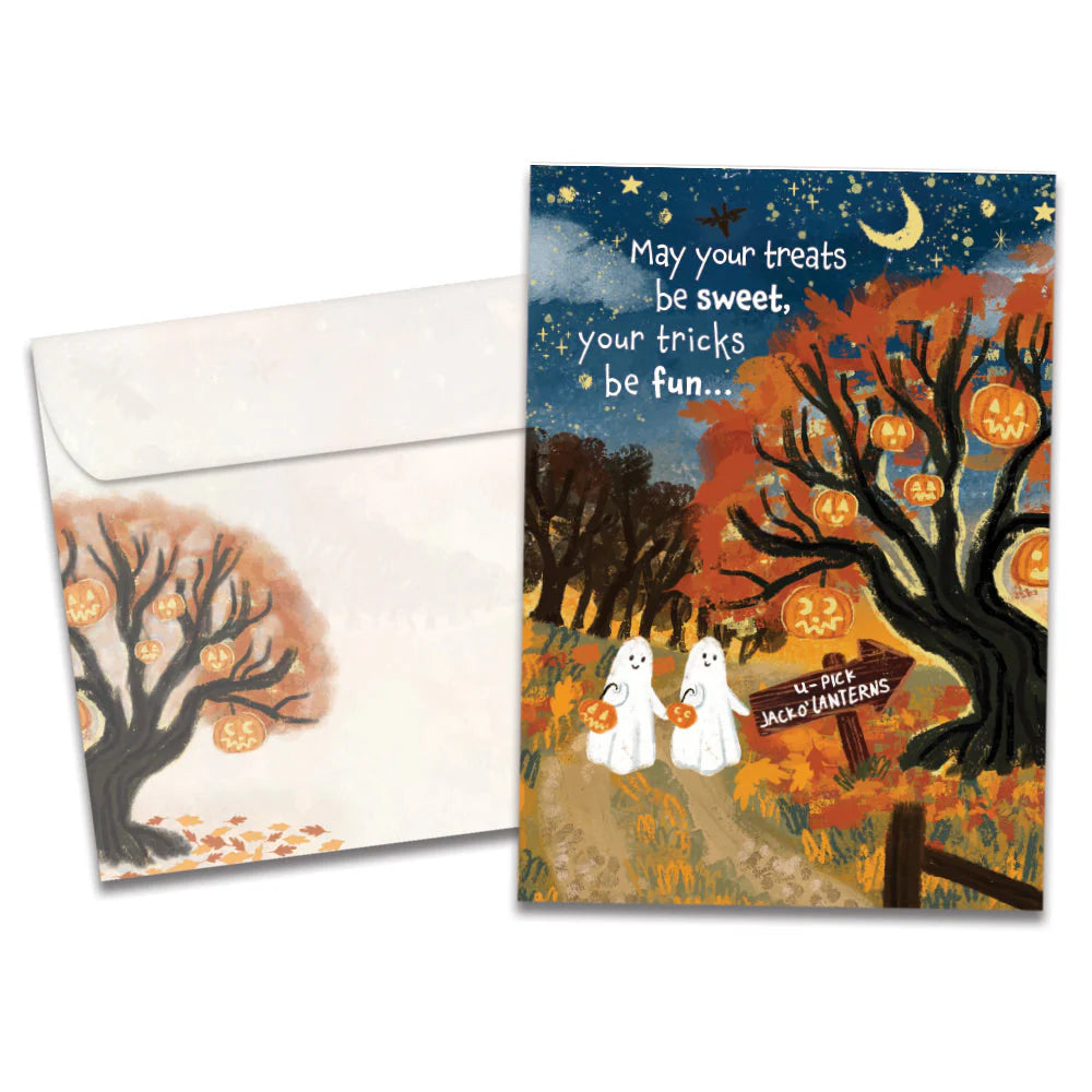 Halloween-themed greeting card with ghosts, pumpkins, and a tree on a white background