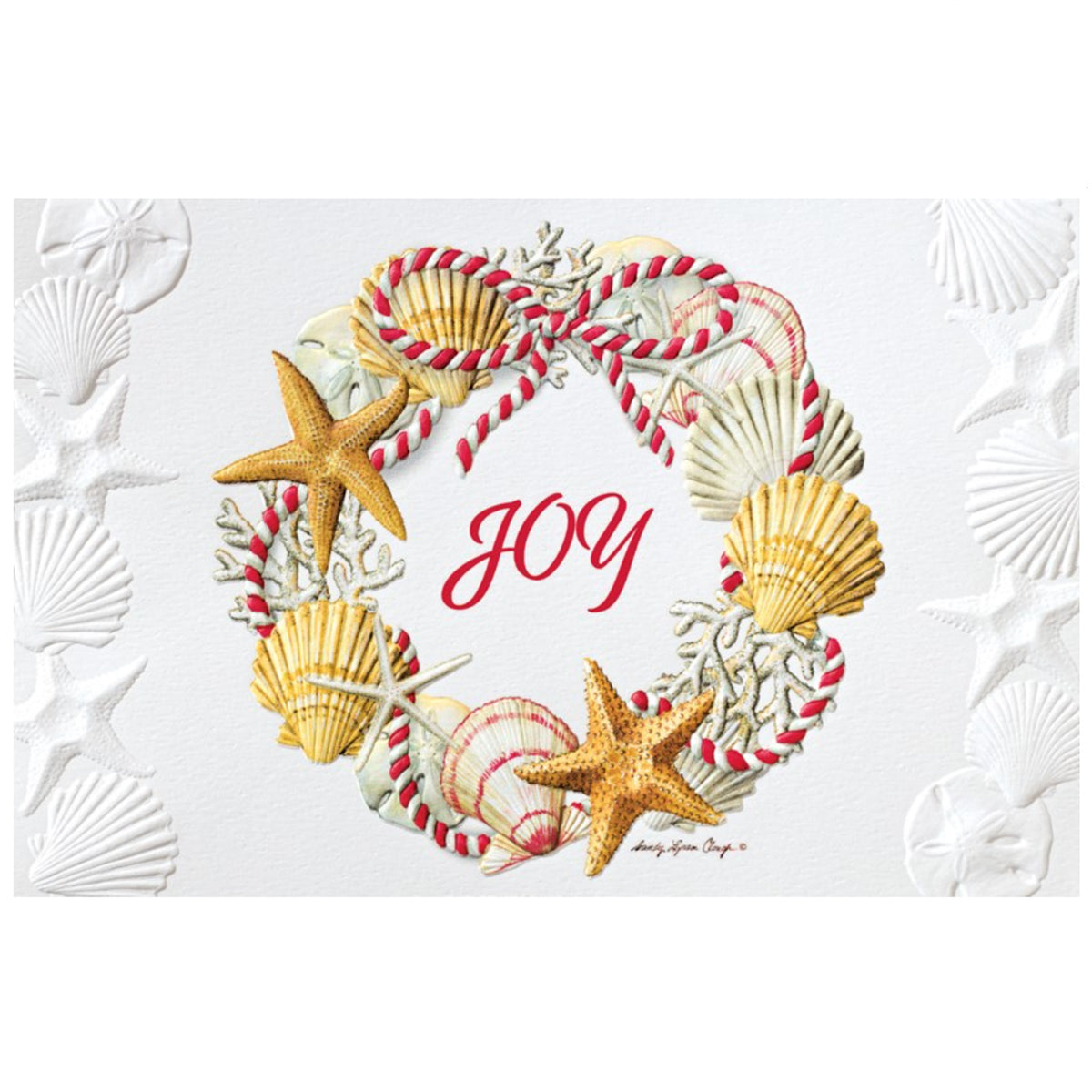 Decorative wreath with seashells, starfish, and candy canes on a white background