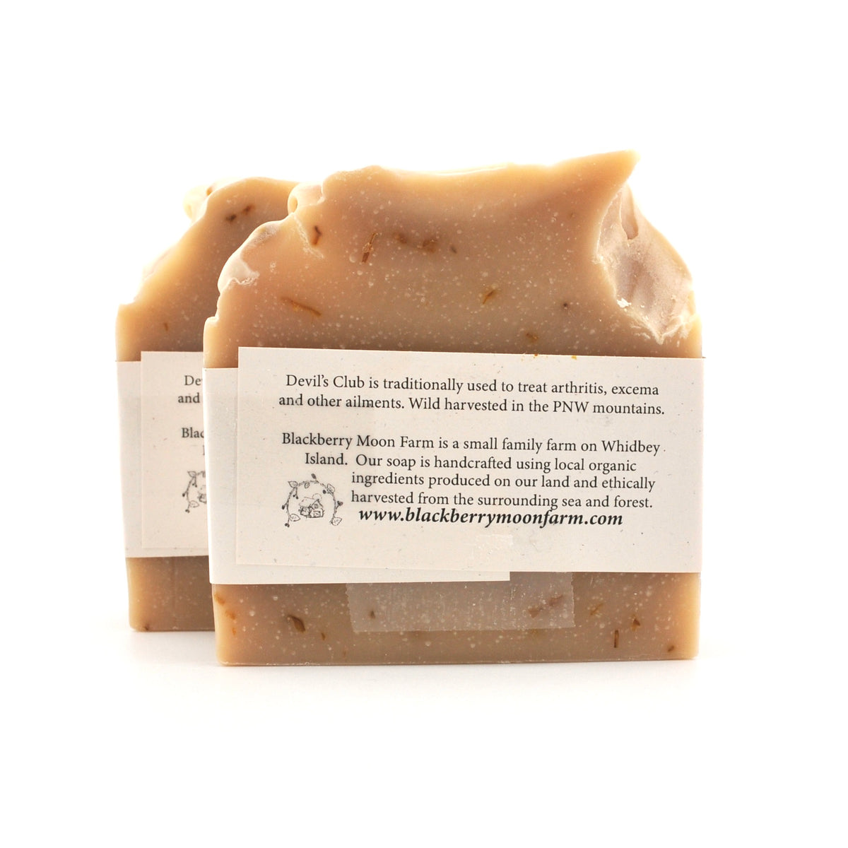 Two bars of soap with labels on a white background