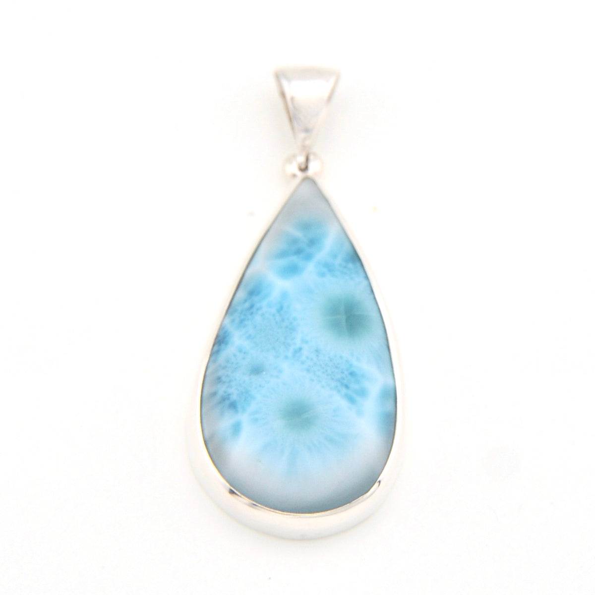 Teardrop-shaped larimar pendant on a white background