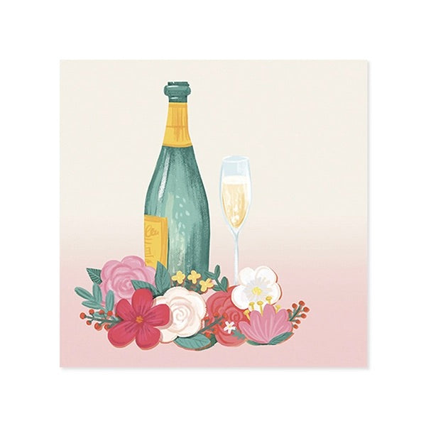 Illustration of a champagne bottle and glass with flowers on a gradient background