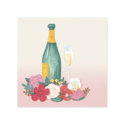 Illustration of a champagne bottle and glass with flowers on a gradient background