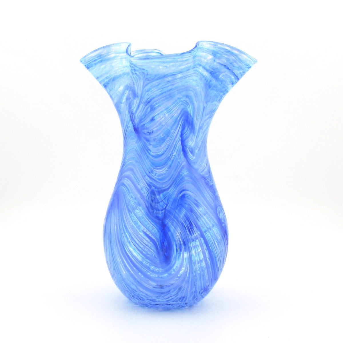 A translucent blue glass vase with a marbled swirl pattern, featuring a flared rim and a bulbous body, set against a plain white background.