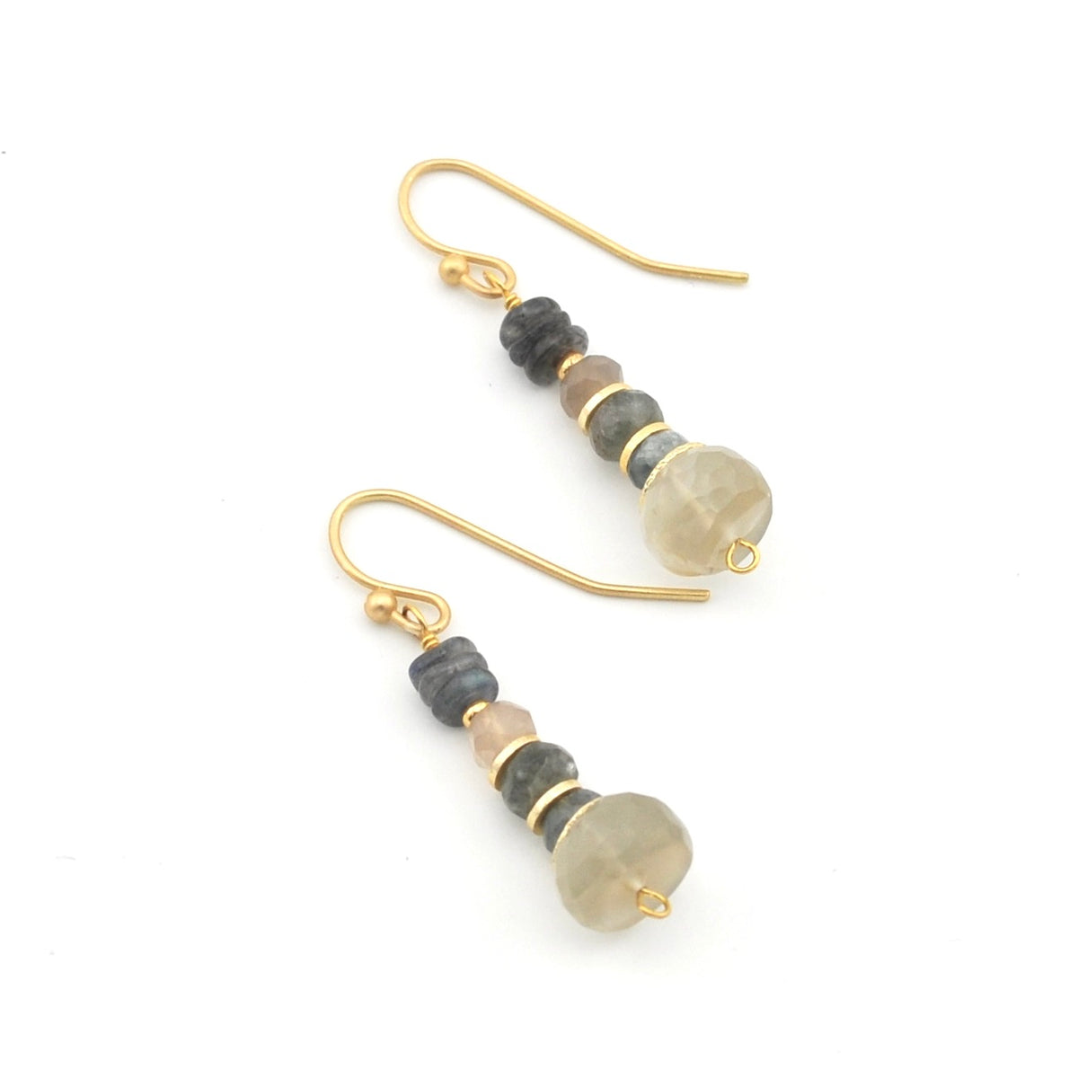 A pair of gold-tone dangle earrings with small dark gray and beige beads, featuring a larger round pale gray stone bead at the bottom, shown on a plain white background.