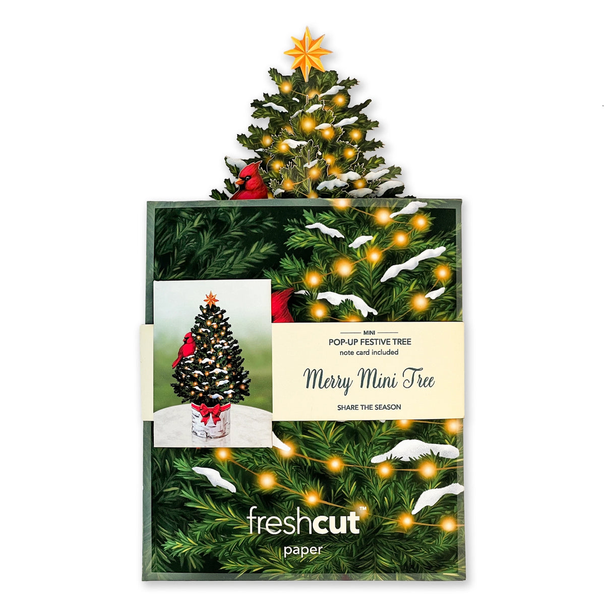 Christmas tree-themed product packaging with a pop-up festive tree and 'freshcut' branding.