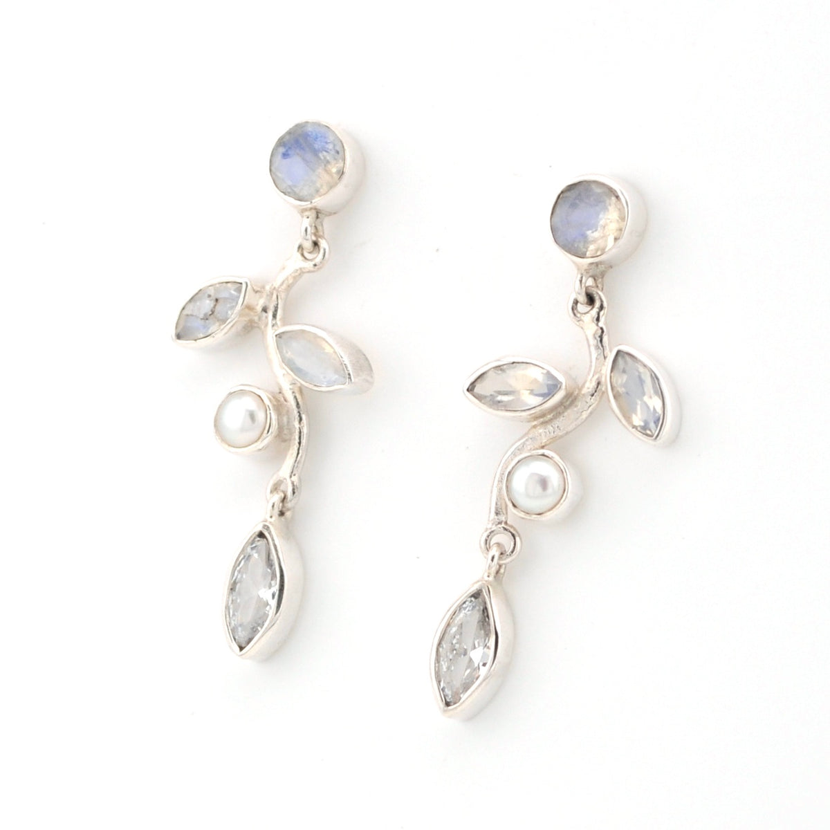 Moonstone Pearl White Topaz Branch Earrings