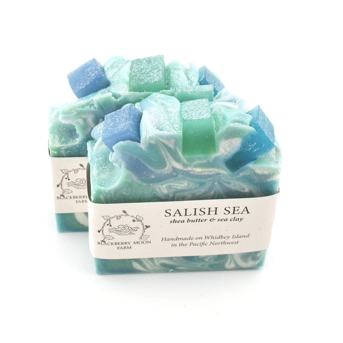 Bar of soap with 'Salish Sea' label on a white background
