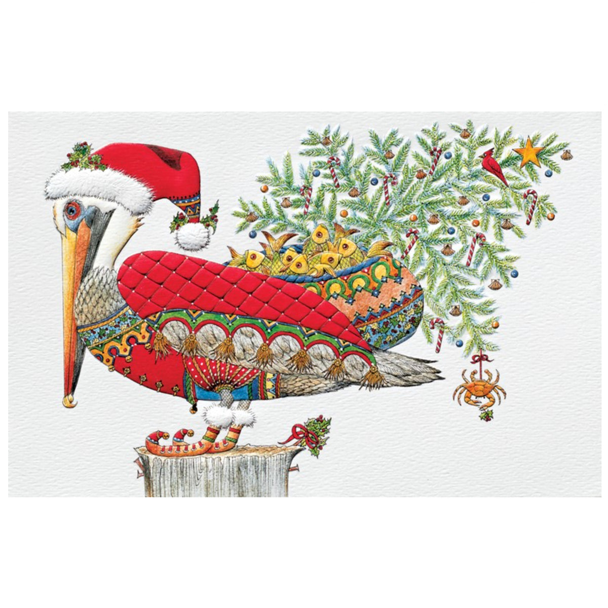 Colorful Christmas-themed artwork of a pelican with a Santa hat and decorated tree.