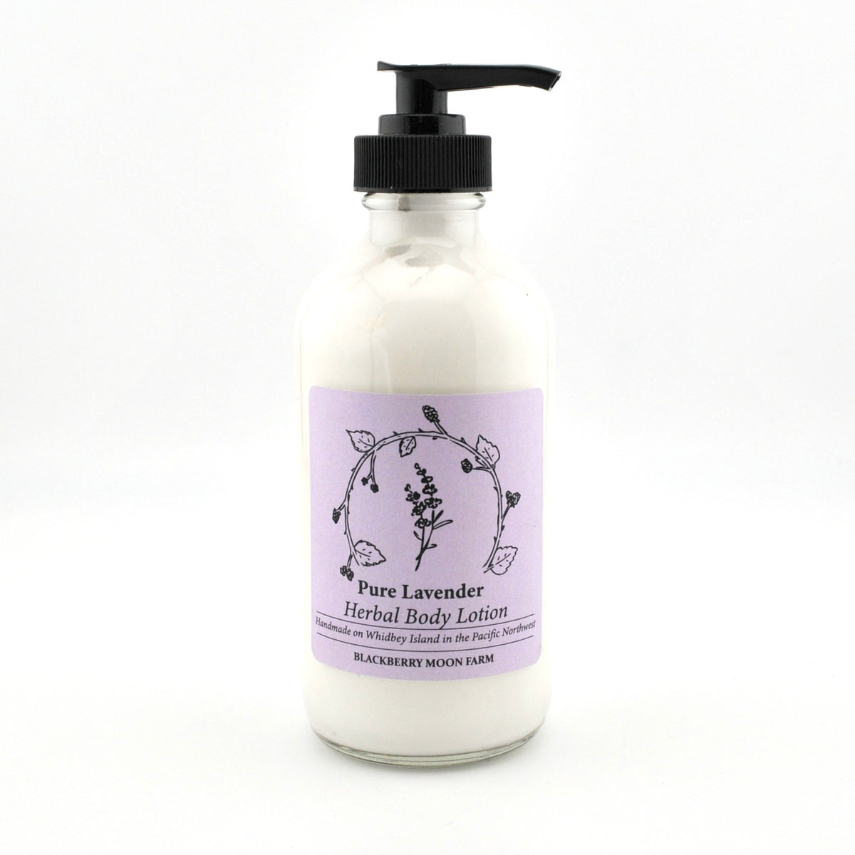 Bottle of Pure Lavender Herbal Body Lotion with a pump on a white background