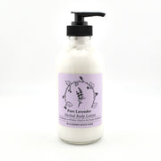 Bottle of Pure Lavender Herbal Body Lotion with a pump on a white background