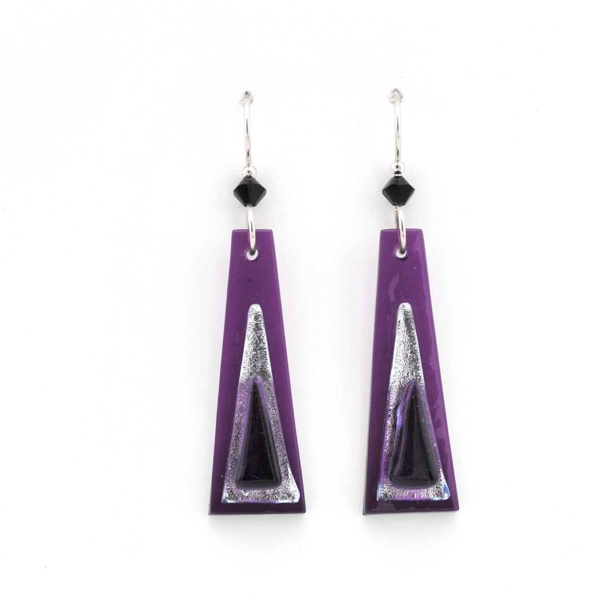 Purple triangle-shaped earrings with black and silver accents on a white background