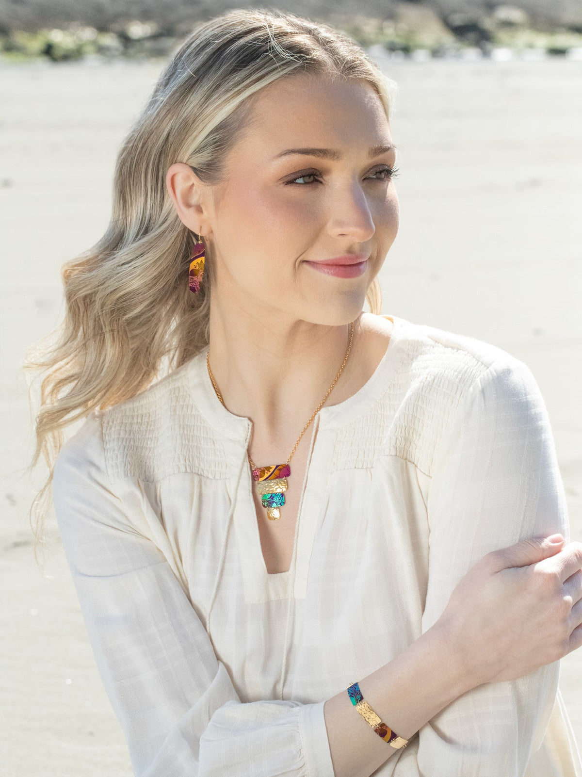 Model View Amber Wave Malai Earrings