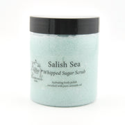 Salish Sea whipped sugar scrub jar with black lid on a white background