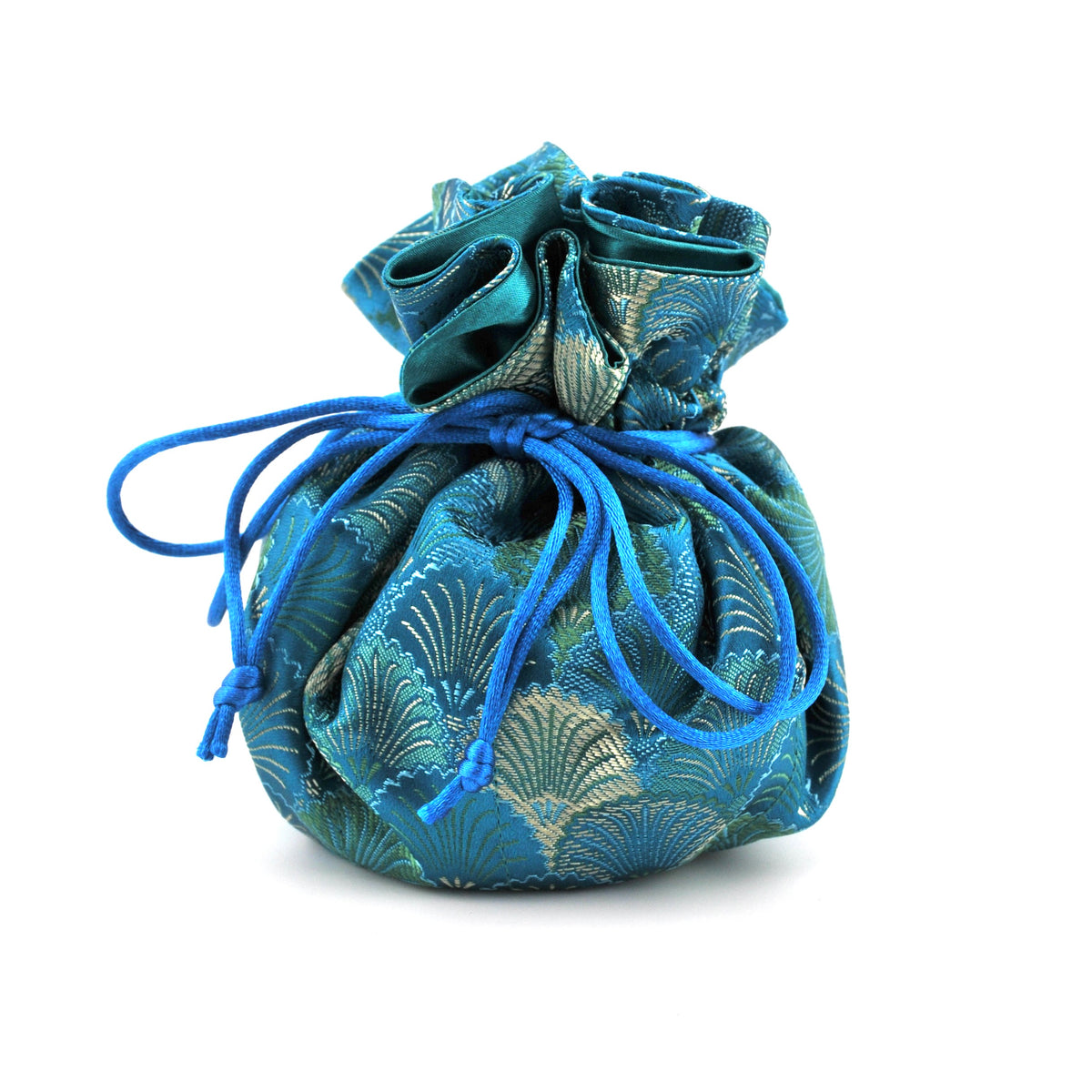 Blue fabric drawstring bag with floral patterns on a white background