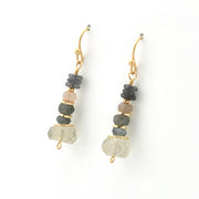 A pair of gold-tone dangle earrings with stacked natural stones in gray, pale pink, and frosted white, shown on a plain white background.